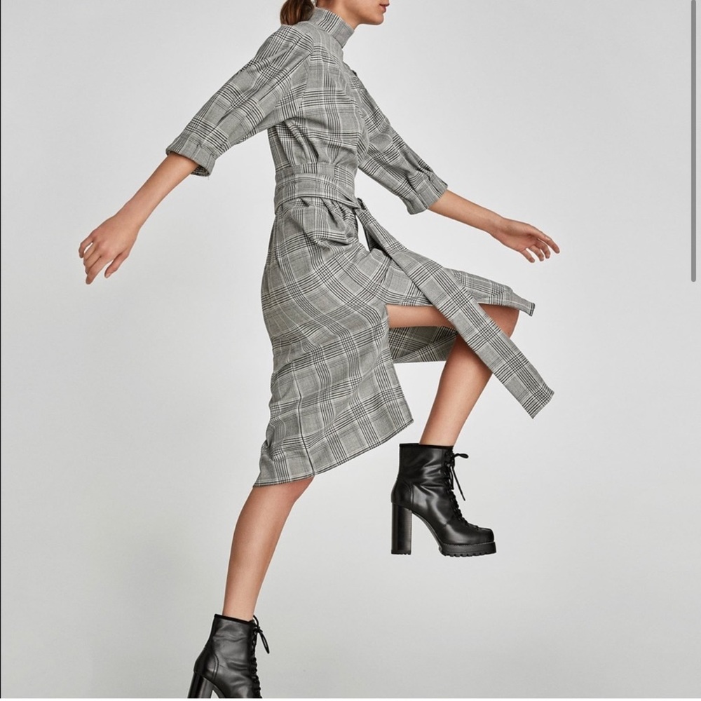 ZARA gray plaid checkered puff sleeve dress M - Picture 5 of 13